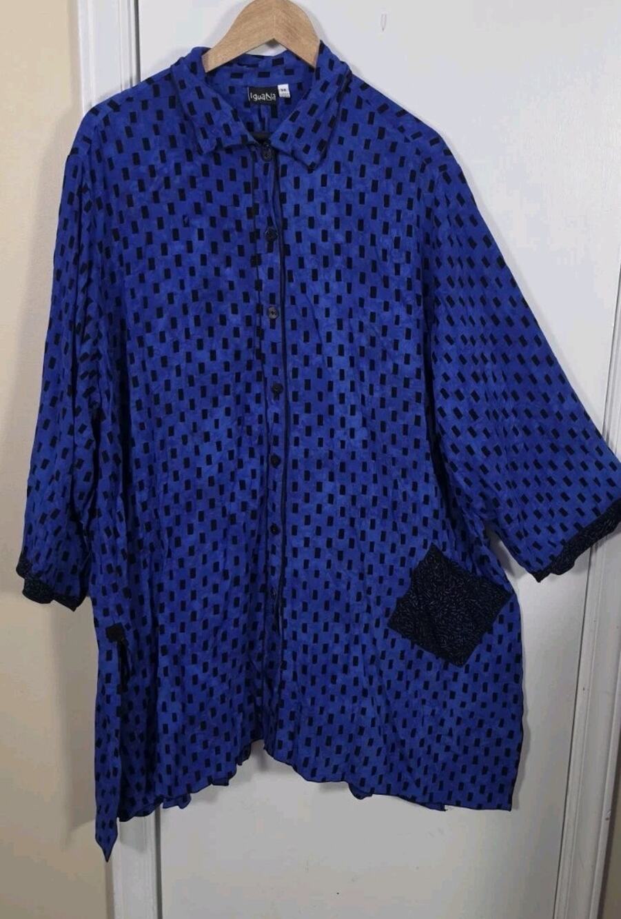 Iguana Oversized Collared Lagenlook Button Front Top Sz 3X Artsy Funky Colorful